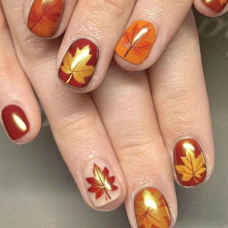 CJDLTS Thanksgiving Press on Nails Short Square Fall Maple Leaf False Nail Full Cover Glossy Acrylic Artificial Fingernails Red Maple Leaf Pattern Festival Stick on Nail Press Ons Glue on Nails for Women - Image 1